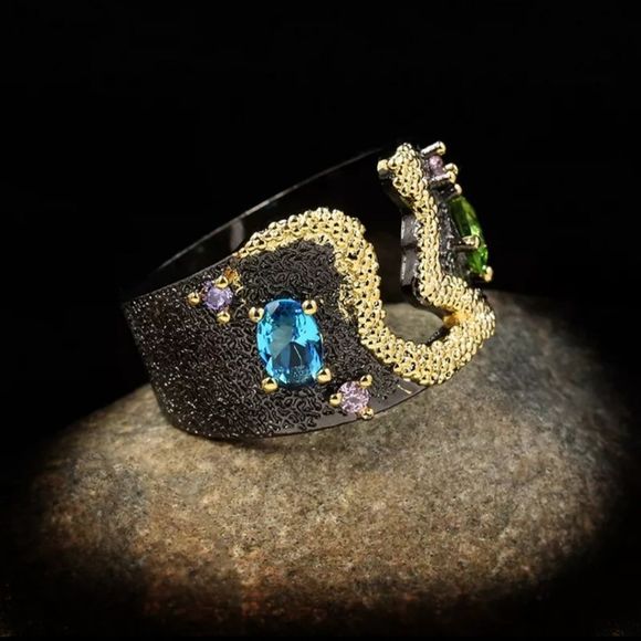 Boutique Jewelry - Gold leaf black titanium goth aquamarine peridot amethyst boho ring sz 8 new